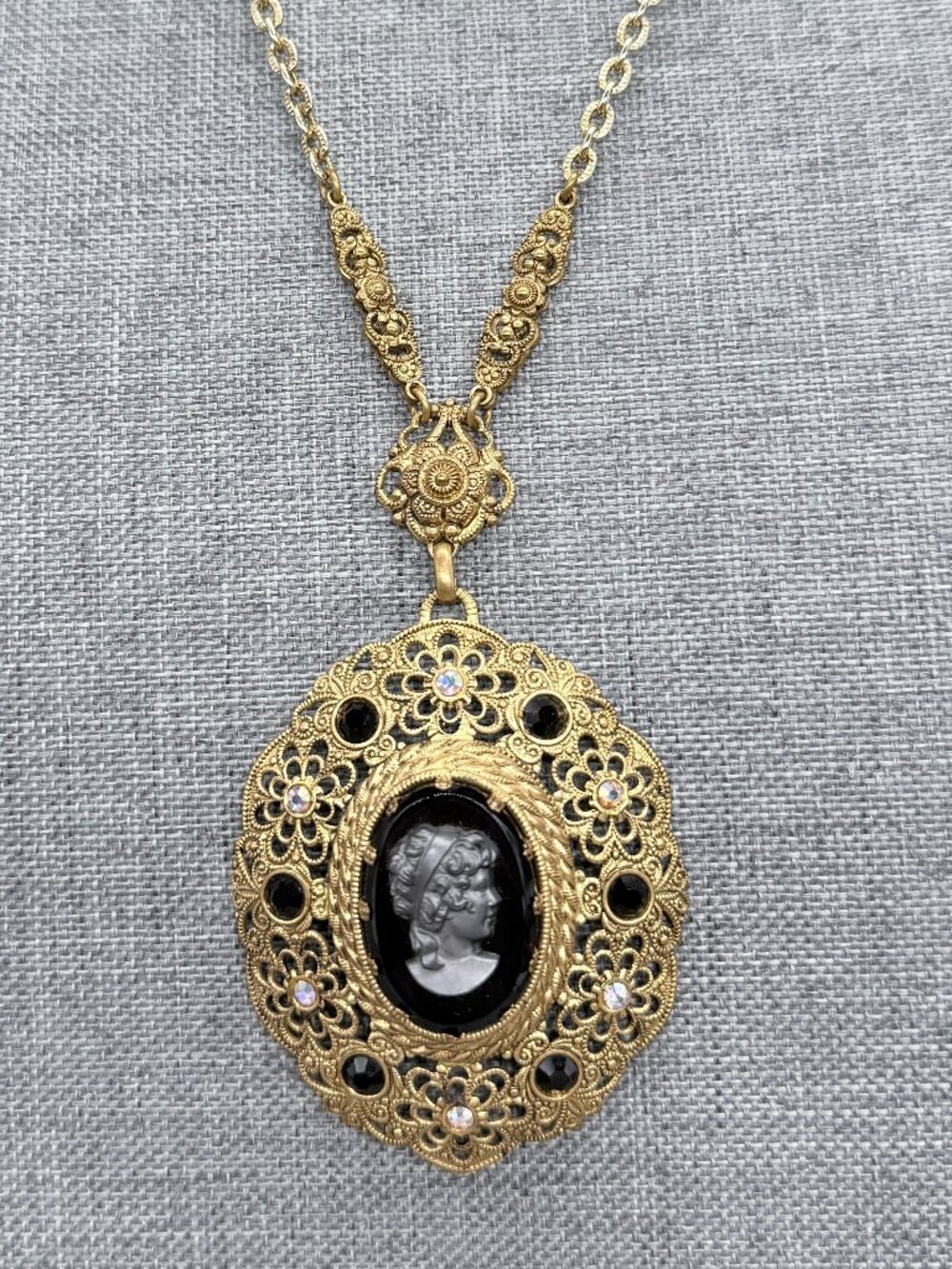 Vintage West Germany Cameo Necklace Black Glass Intaglio Pendant